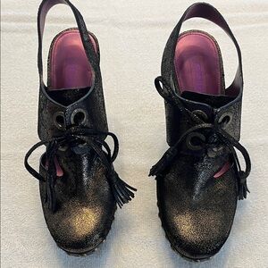 Coach Black and Gold Mules with Tassel Detail. Size 6.5